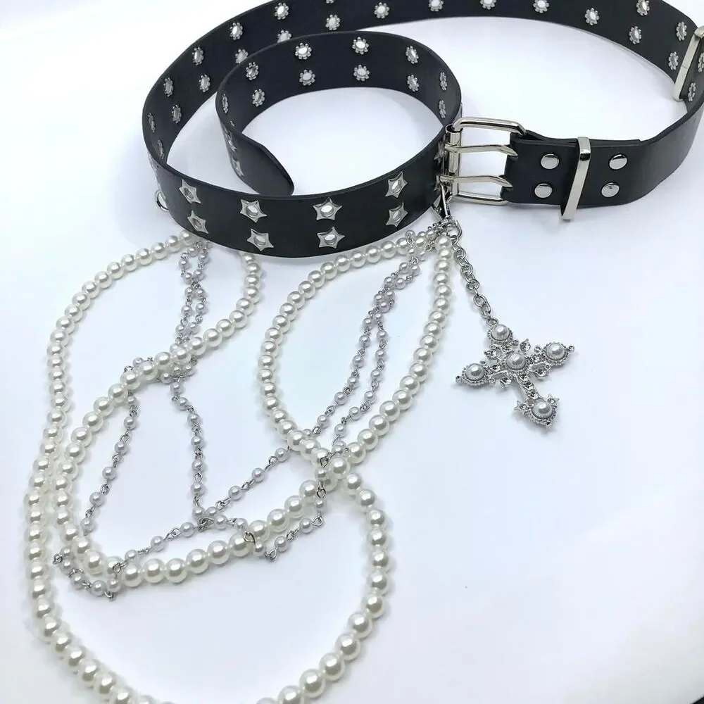 Y2K Goth Black Star Eyelet Faux Pearl Cross Belt, Fits 32–41 Inches, X7GA1227
